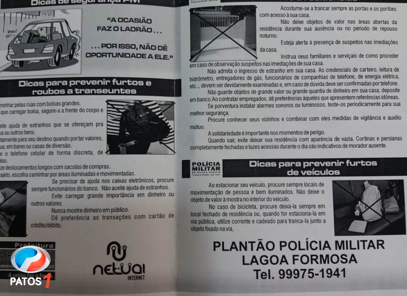 clique para ampliar Polícia Militar de Lagoa Formosa e Prefeitura Municipal lança folheto com dicas de segurança pública