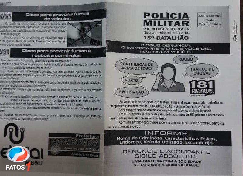 clique para ampliar Polícia Militar de Lagoa Formosa e Prefeitura Municipal lança folheto com dicas de segurança pública