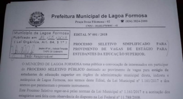 Prefeitura Municipal de Lagoa Formosa contrata estagiários Prefeitura Municipal de Lagoa Formosa contrata estagiários