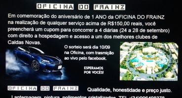 Oficina do Frainz sorteia 4 diárias em Caldas Novas para comemorar aniversário Oficina do Frainz sorteia 4 diárias em Caldas Novas para comemorar aniversário