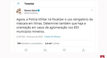 Governador de Minas Gerais diz que a PM fiscalizará uso obrigatório de máscara e aglomeração Governador de Minas Gerais diz que a PM fiscalizará uso obrigatório de máscara e aglomeração