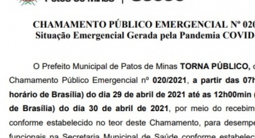 Saúde: processo seletivo e chamamento emergencial são publicados pela prefeitura de Patos de Minas Saúde: processo seletivo e chamamento emergencial são publicados pela prefeitura de Patos de Minas