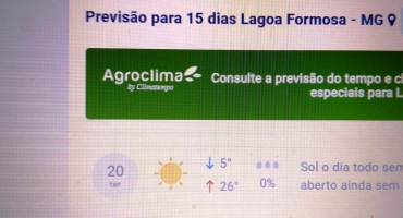 Temperaturas voltam a cair no Alto Paranaíba e Lagoa Formosa registra 5º nesta terça (20) Temperaturas voltam a cair no Alto Paranaíba e Lagoa Formosa registra 5º nesta terça (20)