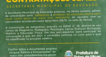 Reunião com convocados para professor da educação básica e estágio remunerado em Patos de Minas acontece nesta terça-feira (28) Reunião com convocados para professor da educação básica e estágio remunerado em Patos de Minas acontece nesta terça-feira (28)