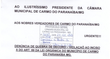 Carmo do Paranaíba – Câmara dos Vereadores recebe denúncia de quebra de decoro contra Prefeito Municipal Carmo do Paranaíba – Câmara dos Vereadores recebe denúncia de quebra de decoro contra Prefeito Municipal