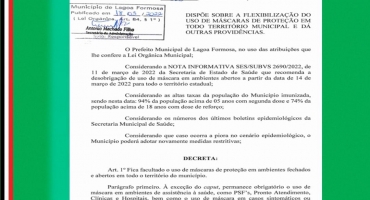 Decreto da prefeitura municipal de Lagoa Formosa flexibiliza o uso de máscara de proteção Decreto da prefeitura municipal de Lagoa Formosa flexibiliza o uso de máscara de proteção