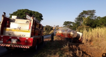 Corpo de Bombeiros realiza prevenção de incêndio durante retirada de carreta que se acidentou na BR-365 Corpo de Bombeiros realiza prevenção de incêndio durante retirada de carreta que se acidentou na BR-365