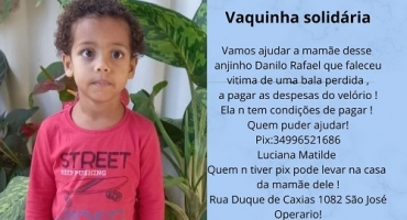 Família de Patos de Minas pede ajuda para pagar funeral de criança que morreu após ser atingido por tiro Família de Patos de Minas pede ajuda para pagar funeral de criança que morreu após ser atingido por tiro