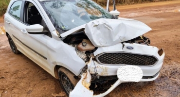 Motorista colide automóvel contra árvore após perder o controle direcional debaixo de chuva Motorista colide automóvel contra árvore após perder o controle direcional debaixo de chuva