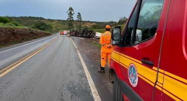 Caminhão carregado com fardos de cervejas tomba na BR-365, próximo ao trevo de Santana de Patos Caminhão carregado com fardos de cervejas tomba na BR-365, próximo ao trevo de Santana de Patos